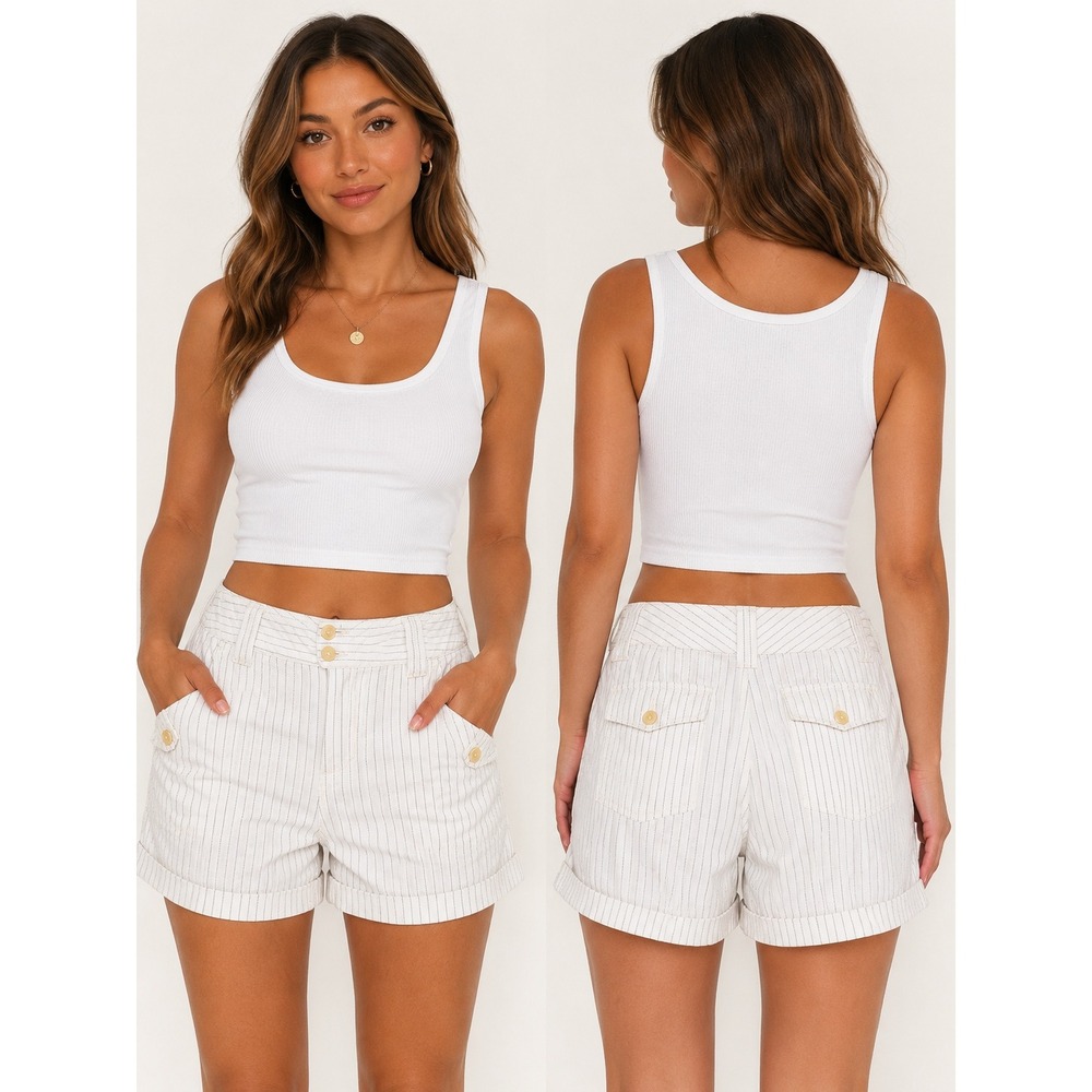 Banana Republic Shorts Womens 2 White Martin‎ Fit Pinstripe Cotton Linen Coastal